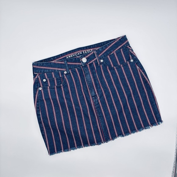 American Eagle Outfitters Dresses & Skirts - American Eagle Skirt Womens 10 Blue Red Striped Denim Jean Mini Stretch Raw Edge